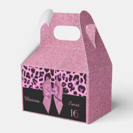 Luipaard print met roze boog en glitters bedankdoosjes