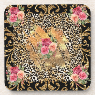Luipaard print met rozen en gouden glitter bier onderzetter