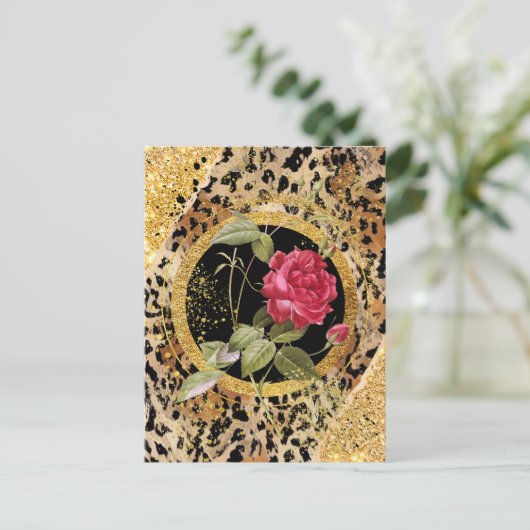 Luipaard print met rozen en gouden glitter briefkaart (Staand voorkant)
