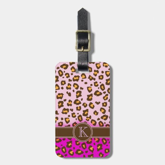Luipaard print roze bruin monogram bagagelabel (Voorkant verticaal)