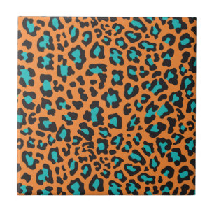 Luipaard Print Sinaasappel, zwart, aqua Tegeltje