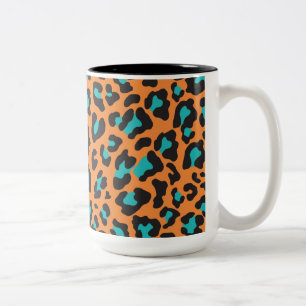 Luipaard Print Sinaasappel, zwart, aqua Tweekleurige Koffiemok