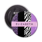 Luipaard Print, Zebra Print, Paarse, Jouw naam Button Flesopener (Voorkant)