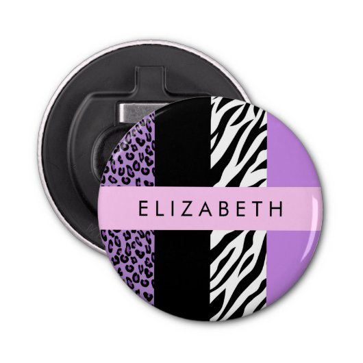 Luipaard Print, Zebra Print, Paarse, Jouw naam Button Flesopener (Voorkant)