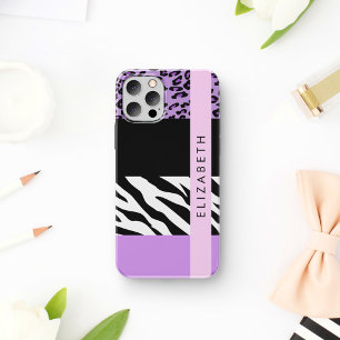 Luipaard Print, Zebra Print, Paarse, Jouw naam iPhone 12 Pro Hoesje