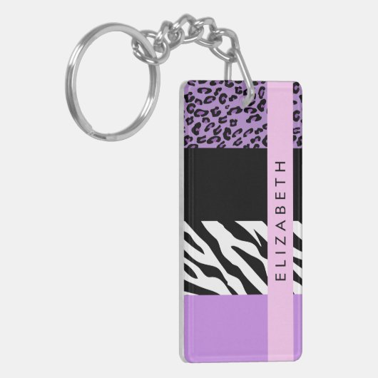 Luipaard Print, Zebra Print, Paarse, Jouw naam Sleutelhanger (Voorkant Links)