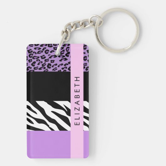 Luipaard Print, Zebra Print, Paarse, Jouw naam Sleutelhanger (achterkant)