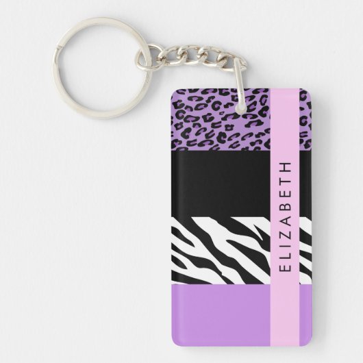 Luipaard Print, Zebra Print, Paarse, Jouw naam Sleutelhanger (Voorkant)