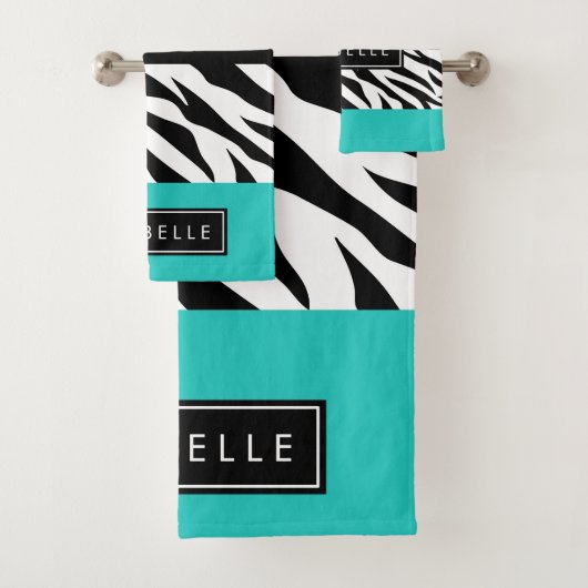 Luipaard Print, Zebraprint, Blauw, Jouw naam Bad Handdoek (Insitu)