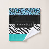 Luipaard Print, Zebraprint, Blauw, Jouw naam Bad Handdoek (Wasdoekje)
