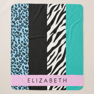 Luipaard Print, Zebraprint, Blauw, Jouw naam Sherpa Deken