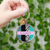 Luipaard Print, Zebraprint, Blauw, Jouw naam Sleutelhanger (Hand)