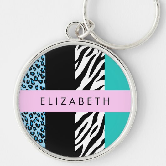 Luipaard Print, Zebraprint, Blauw, Jouw naam Sleutelhanger (Voorkant)