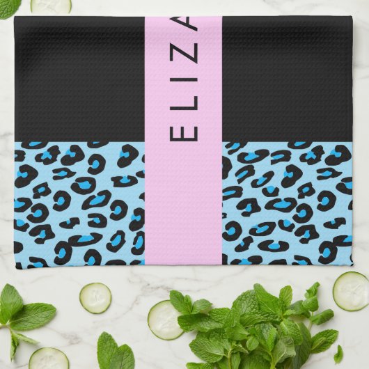 Luipaard Print, Zebraprint, Blauw, Jouw naam Theedoek (Gevouwen)