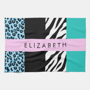 Luipaard Print, Zebraprint, Blauw, Jouw naam Theedoek