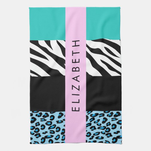 Luipaard Print, Zebraprint, Blauw, Jouw naam Theedoek (Verticaal)