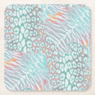 Luipaard ,tijger, huid, gevlekt, gestreept, Turquo Vierkante Kartonnen Onderzetter