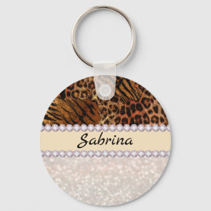 Luipaard tijger vel roze diamant glittersparels sleutelhanger