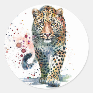 Luipaard Wandelende Waterverf Ronde Sticker