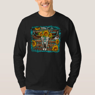 Luipaard Zonnebloem Longhorn Stier Schedel Turquoi T-shirt