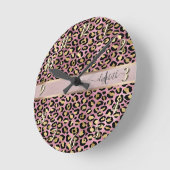 Luipaardpatroon Monogram Roze Goud Zwart Ronde Klok (Hoek)