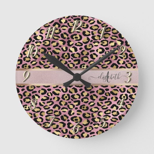 Luipaardpatroon Monogram Roze Goud Zwart Ronde Klok (Voorkant)
