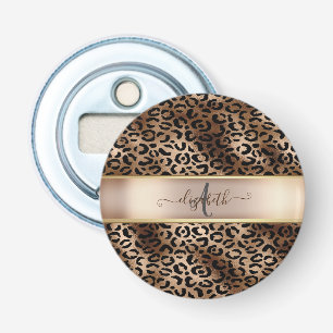 Luipaardpatroon Zwart Brons Monogram Button Flesopener