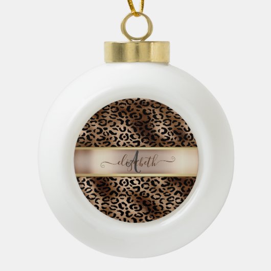 Luipaardpatroon Zwart Brons Monogram    Keramische Bal Ornament (Voorkant)