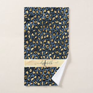 Luipaardprint Blauw Goud Monogram Bad Handdoek