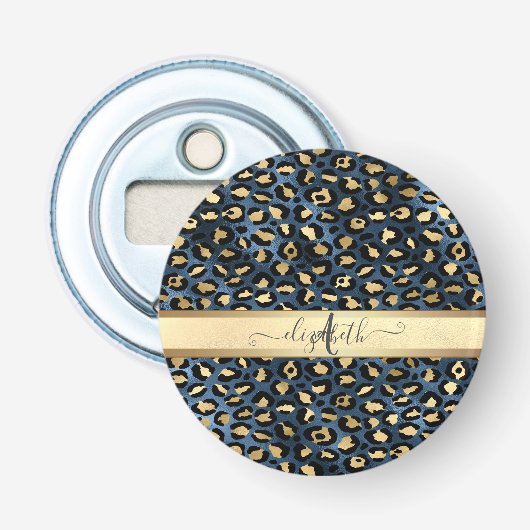 Luipaardprint Blauw Goud Monogram Button Flesopener (Voorkant)