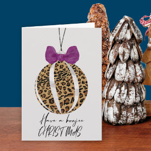 Luipaardprint kerstbal paarse strik Boujee Kerstmi Kaart
