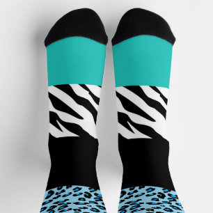 Luipaardprint, zebraprint, dierenprint, blauw sokken