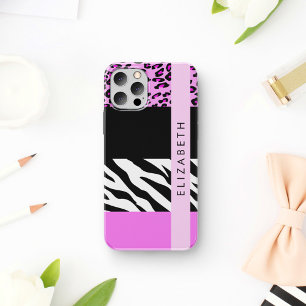 Luipaardprint, zebraprint, roze, uw naam iPhone 16 hoesje
