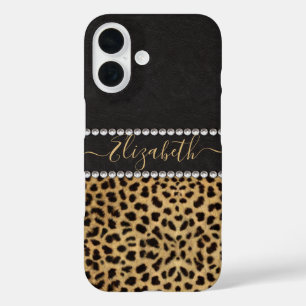Luipaardvlek Rhinestone Diamanten Monogram FOTO iPhone 16 Hoesje