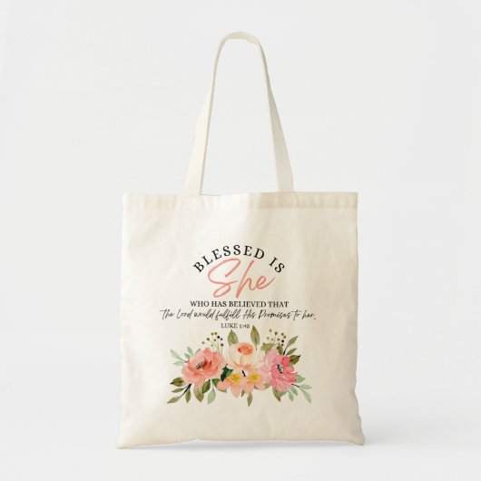 Lukas 1:45 Gezegend is zij, de bloemige Schrift Tote Bag (Voorkant)