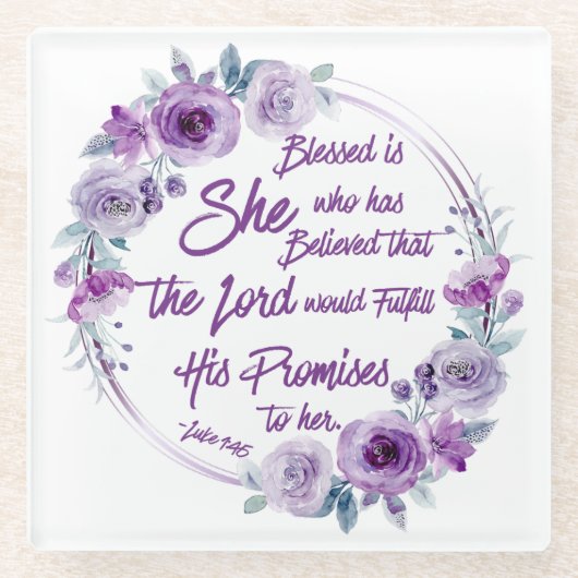 Lukas 1:45 Gezegend is zij met Paarse bloemen Glazen Onderzetter (Voorkant)