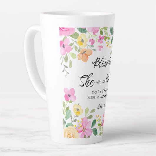 Lukas 1:45 Gezegend is zij, Vrouwengeschriften, Bl Latte Mok (Linkerhoek)