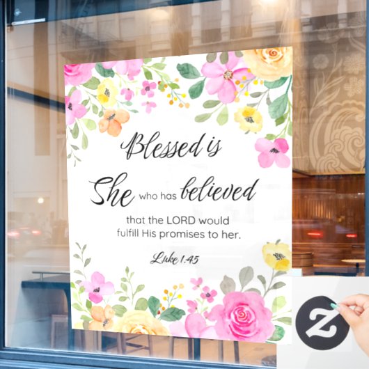 Lukas 1:45 Gezegend is zij, Vrouwengeschriften, Bl Raamsticker (Cafe Raam)