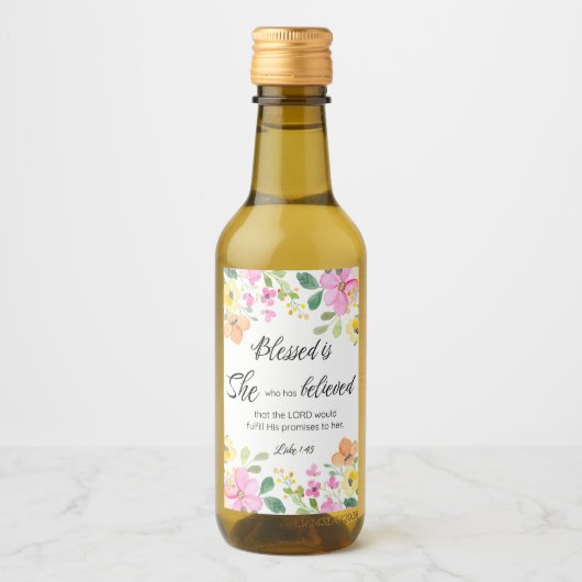 Lukas 1:45 Gezegend is zij, Vrouwengeschriften, Bl Wijn Etiket (Voorkant)