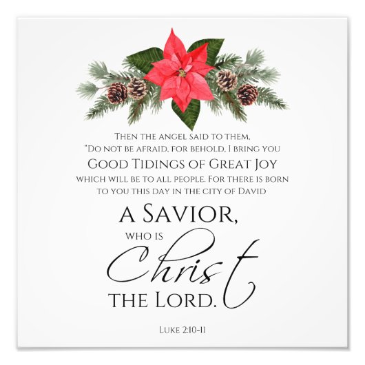 Lukas 2:10-11 Goede Tidings Poinsettia Kerstmis Foto Afdruk (Voorkant)