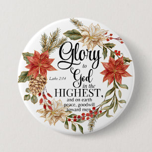 Lukas 2:14 Glorie voor God Kerstmis Gouden Bloem Ronde Button 7,6 Cm