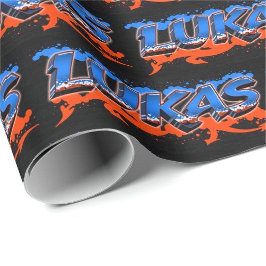 Lukas Vorname Name Graffiti blue orange Cadeaupapier (Rol Hoek)