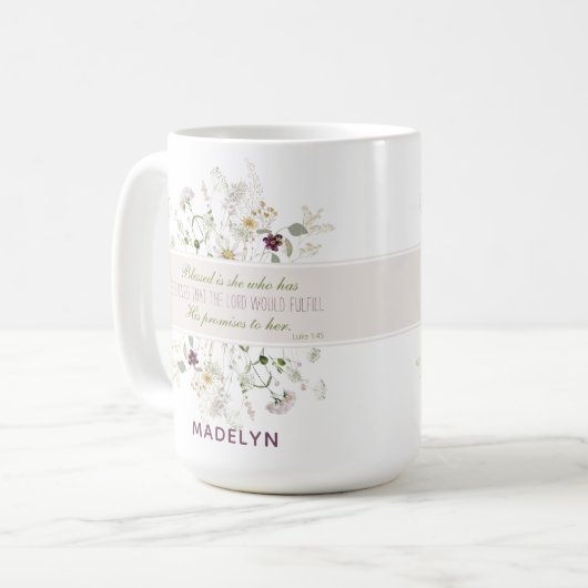 Luke 1:45 Gezegend is zij Wildflower Koffiemok (Voorkant links)