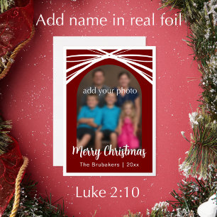 Luke 2:10 Bijbelvers Elegante Boog Foto Kerstmis Folie Feestdagenkaart