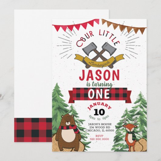 Lumberjack 1er anniversaire Invitation (Devant / Derrière)