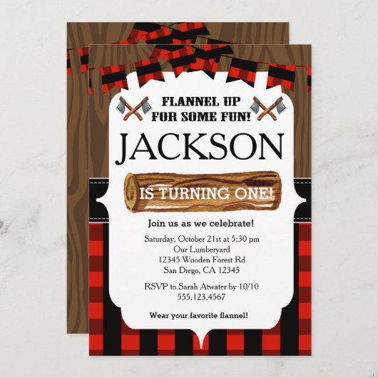 Lumberjack 1er Anniversaire Invitation (Devant / Derrière)