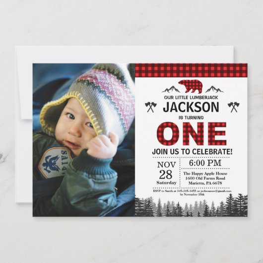 Lumberjack 1er anniversaire Invitation Ours Woodla (Devant)