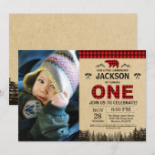 Lumberjack 1er anniversaire Invitation Ours Woodla (Devant / Derrière)