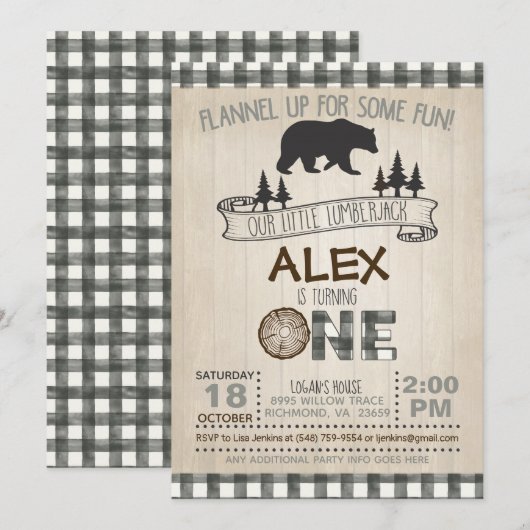 Lumberjack 1st Birthday Invitation - White/Beer Kaart (Voorkant / Achterkant)