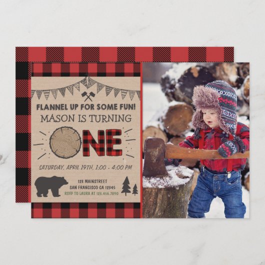 Lumberjack Anniversaire Invitation Forêt Anniversa (Devant / Derrière)